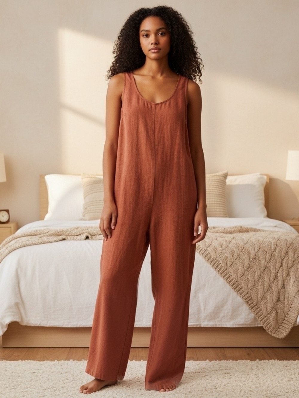 Sleeveless Linen Wide-Leg Jumpsuit in Terracota Red - Picture 3 of 10